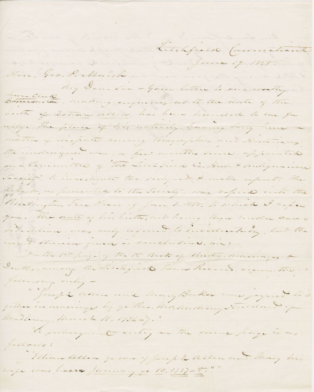 Miniature of Letter from P. K. KILBOURN to GEORGE PERKINS MARSH, dated June 19, 1858.