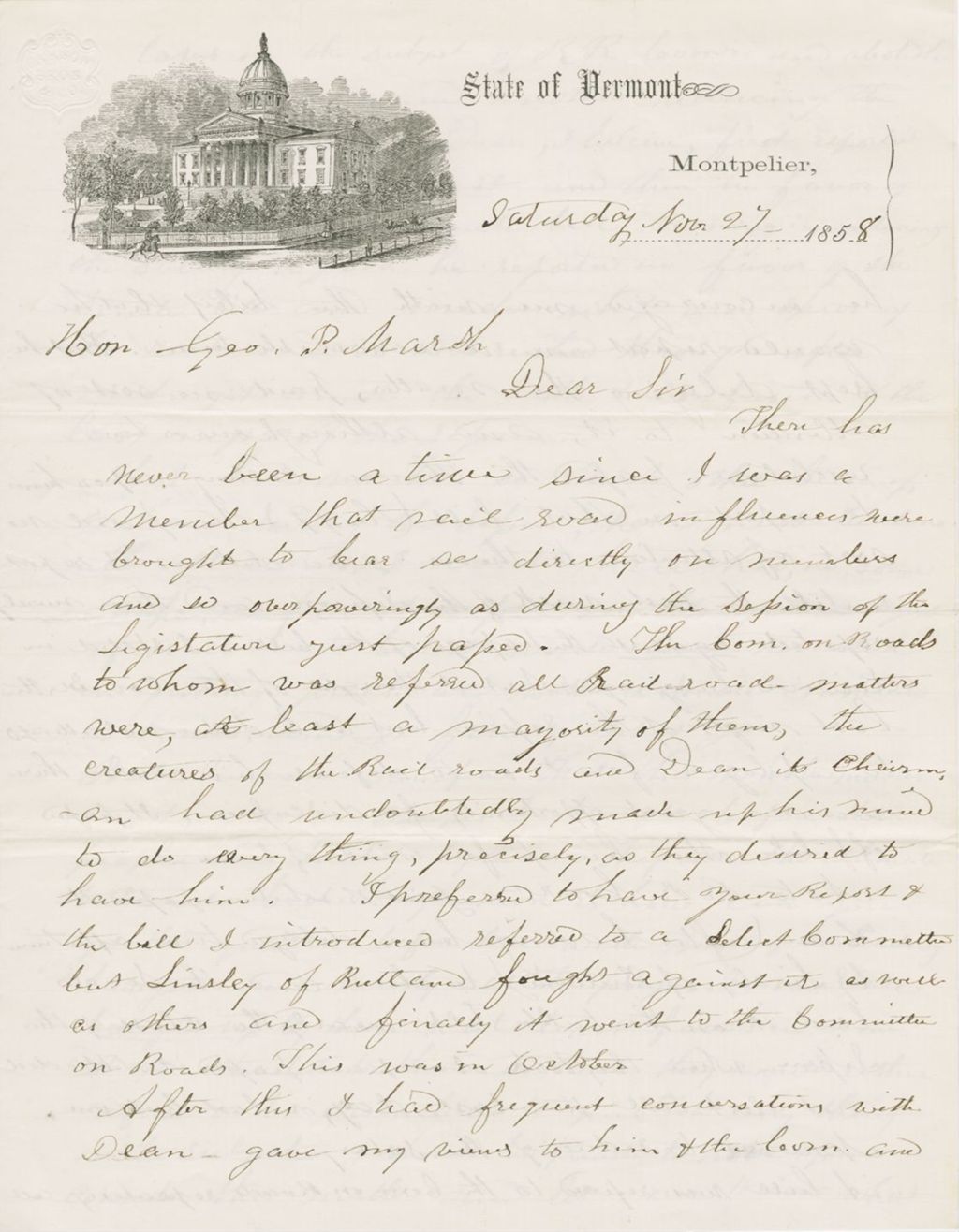 Miniature of Letter from RODNEY V. MARSH to GEORGE PERKINS MARSH, dated November 27, 1858.