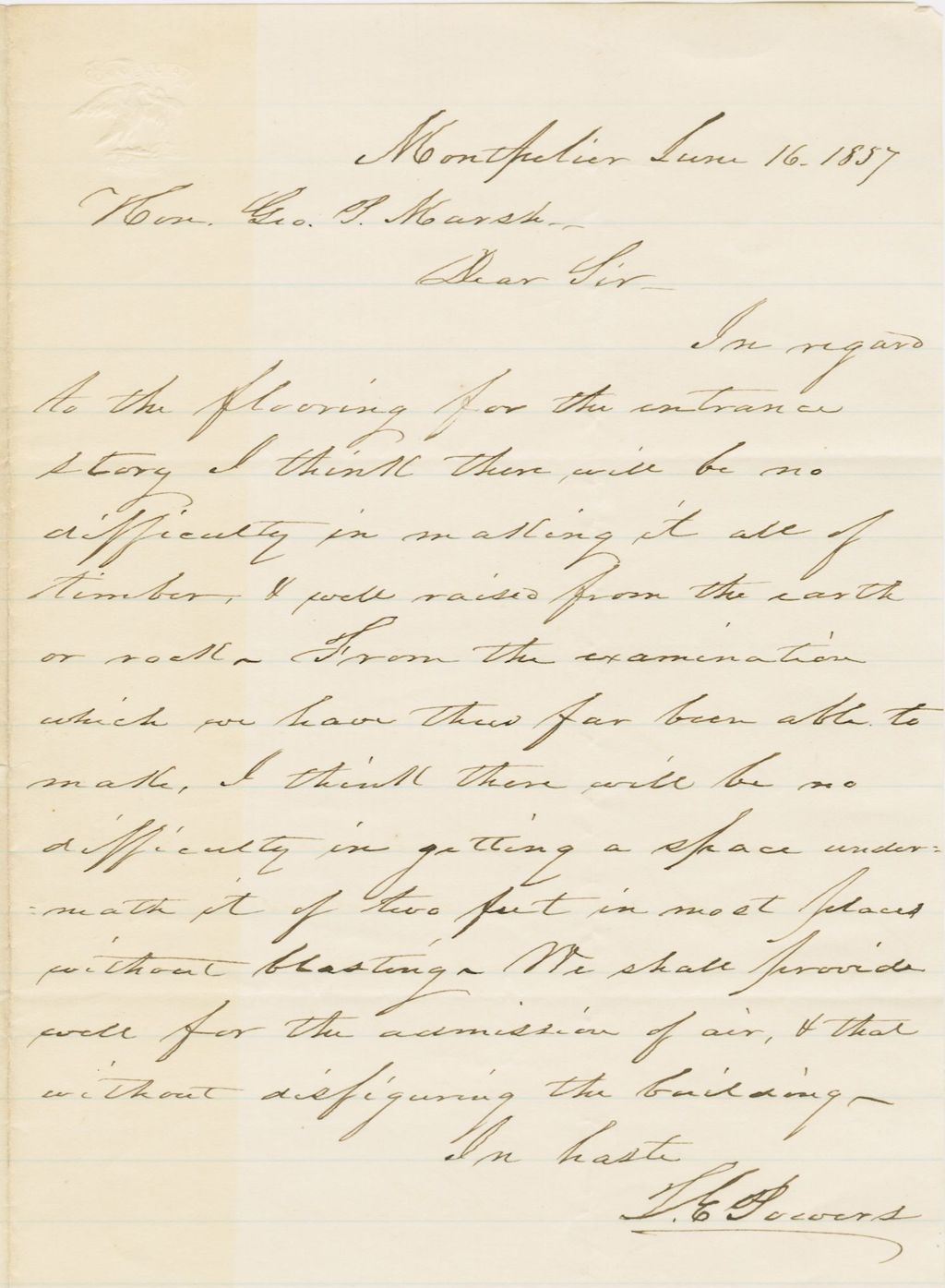 Miniature of Letter from THOMAS E. POWERS to GEORGE PERKINS MARSH, dated June 16, 1857.