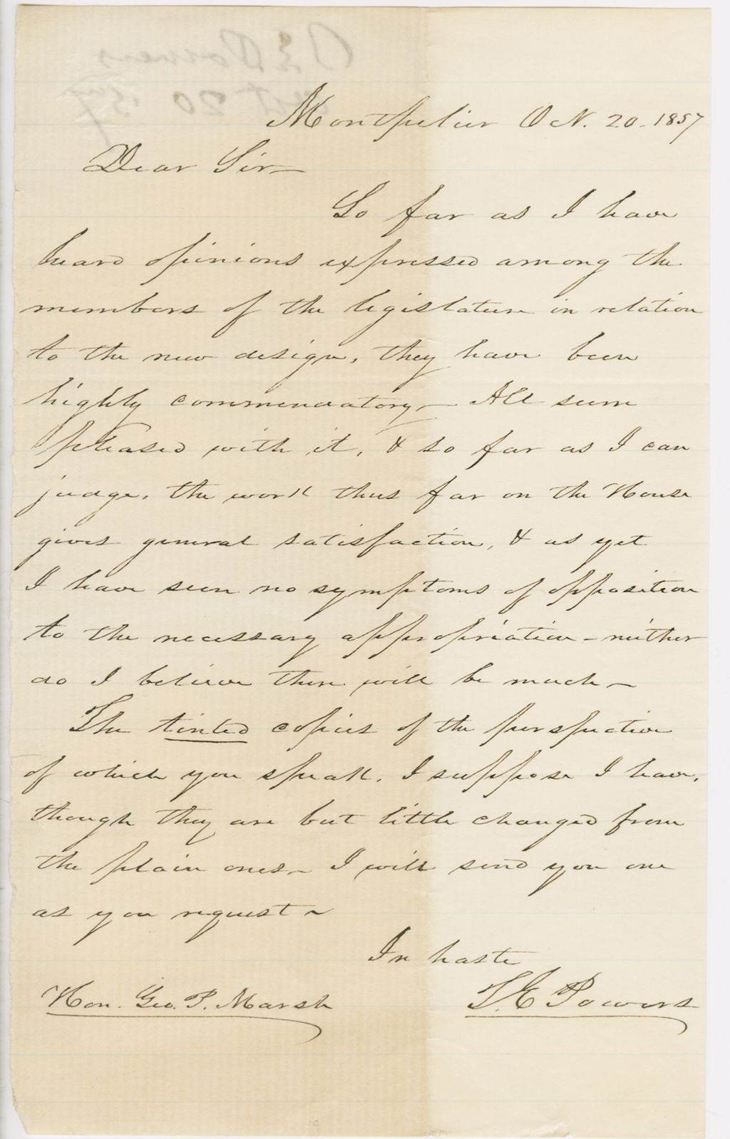 Miniature of Letter from THOMAS E. POWERS to GEORGE PERKINS MARSH, dated October 20, 1857.