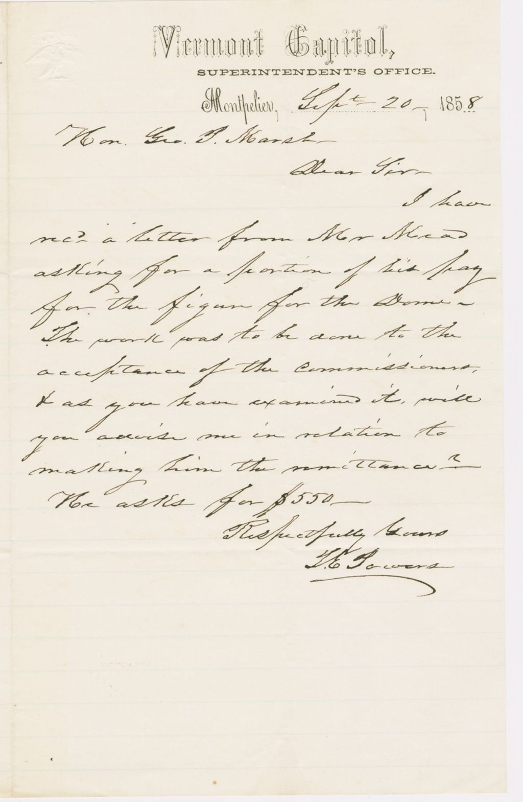 Miniature of Letter from THOMAS E. POWERS to GEORGE P. MARSH, dated September 20, 1858.