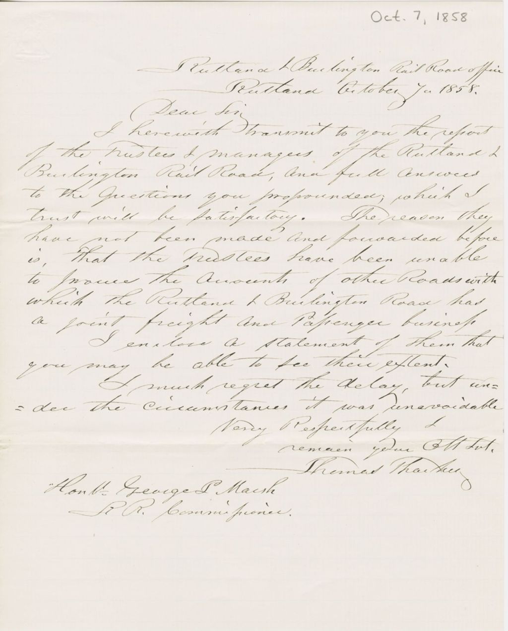 Miniature of Letter from THOMAS THATCHER to GEORGE PERKINS MARSH, dated October 7, 1858.