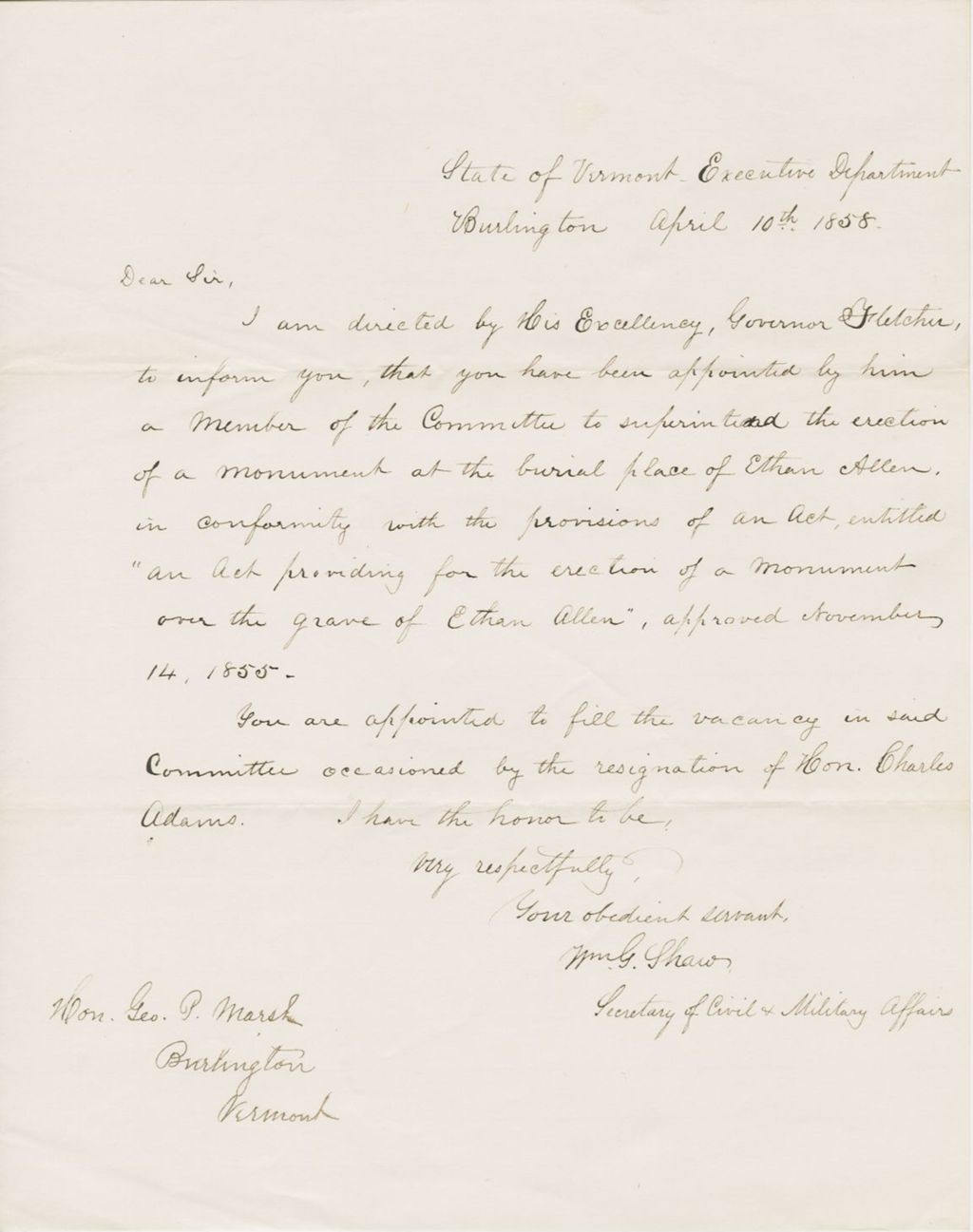 Miniature of Letter from WILLIAM GOODHUE SHAW to GEORGE PERKINS MARSH, dated April 10, 1858.