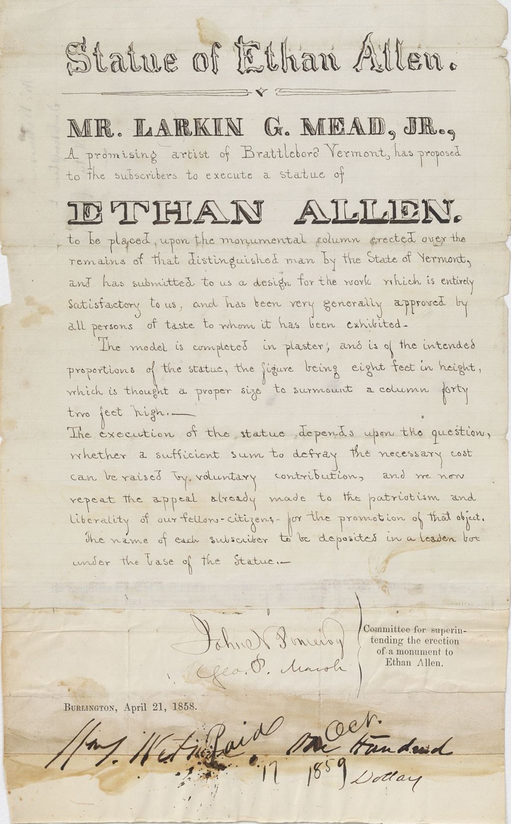 Miniature of Letter from LARKIN GOLDSMITH MEAD, JR. to JOHN NORTON POMEROY and GEORGE PERKINS MARSH, dated March 21, 1858.