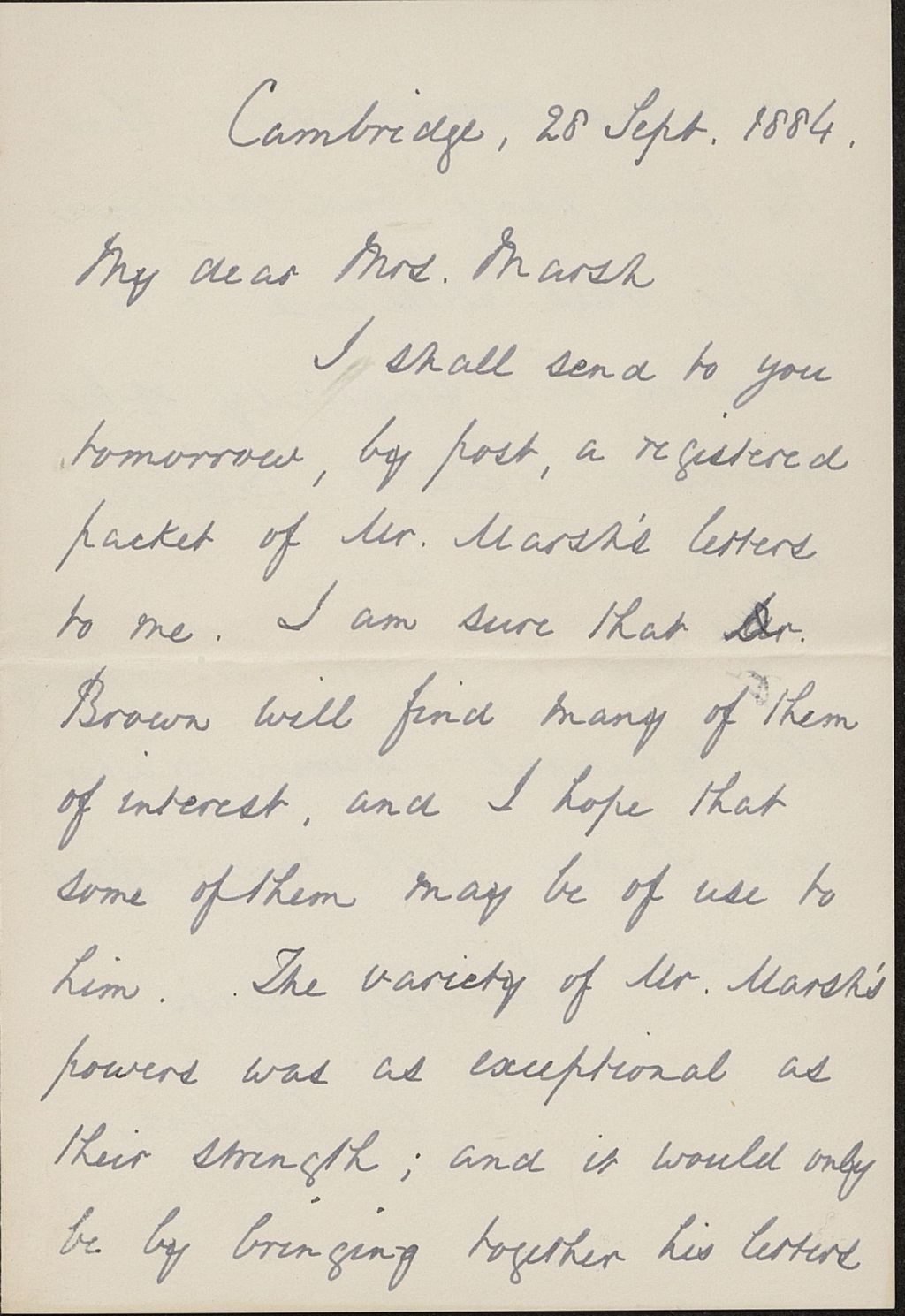 Miniature of Letter from CHARLES ELIOT NORTON to CAROLINE CRANE MARSH, dated September 28, 1884.