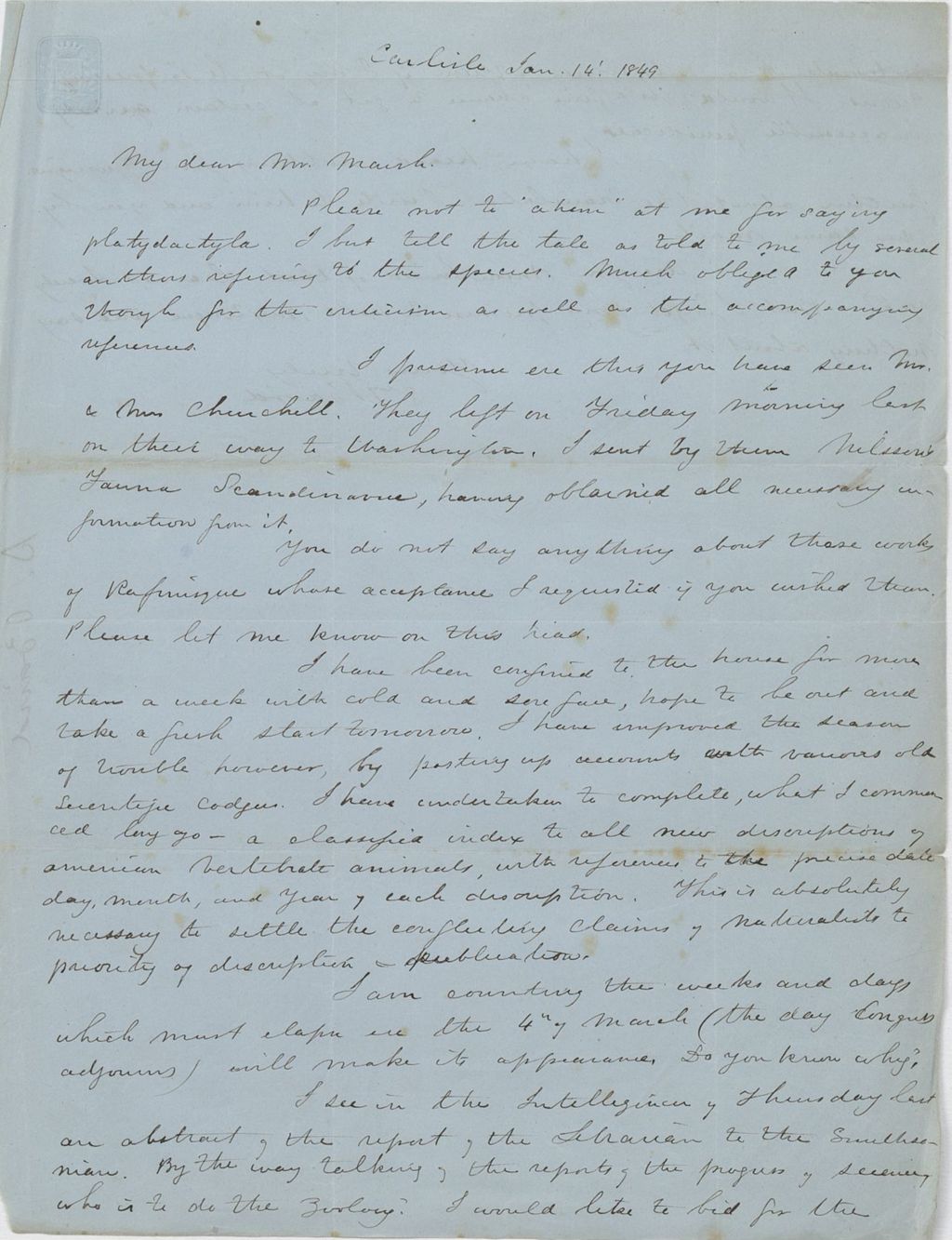 Miniature of Letter from SPENCER FULLERTON BAIRD to GEORGE PERKINS MARSH, dated January 14, 1849.