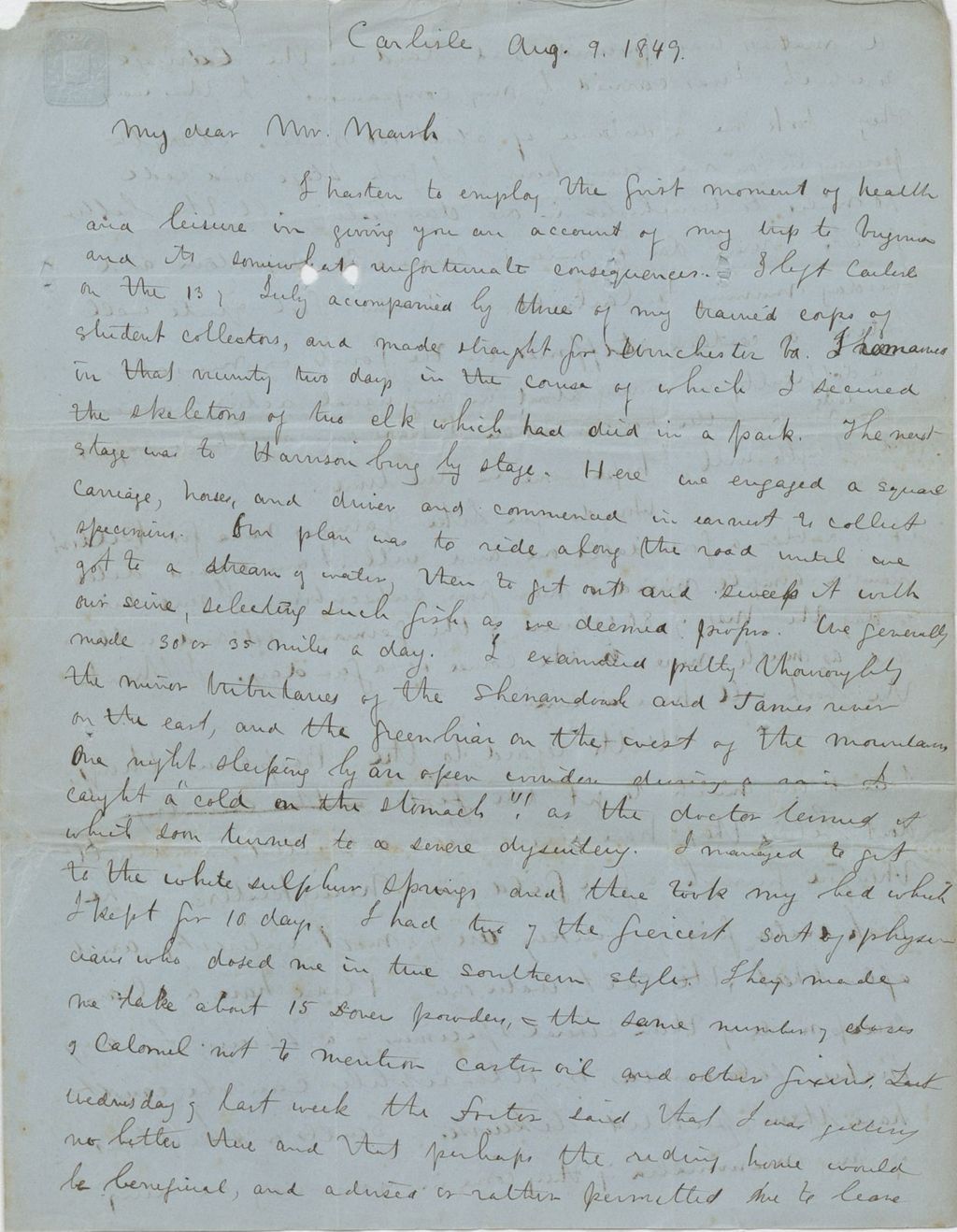 Miniature of Letter from SPENCER FULLERTON BAIRD to GEORGE PERKINS MARSH, dated August 9, 1849.