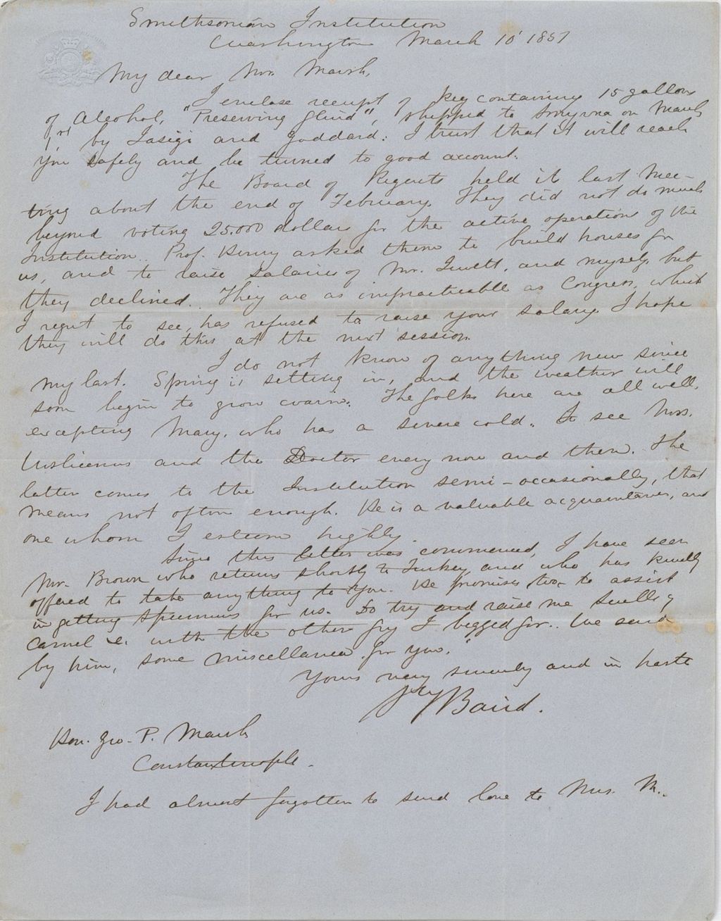 Miniature of Letter from SPENCER FULLERTON BAIRD to GEORGE PERKINS MARSH, dated March 10, 1851.