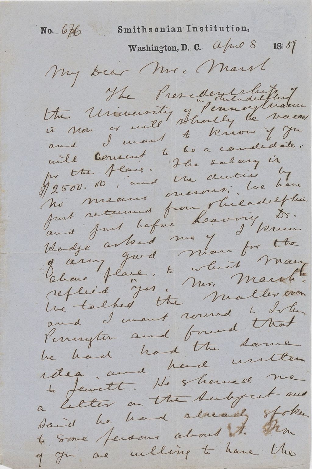 Miniature of Letter from SPENCER FULLERTON BAIRD to GEORGE PERKINS MARSH, dated April 8, 1859.