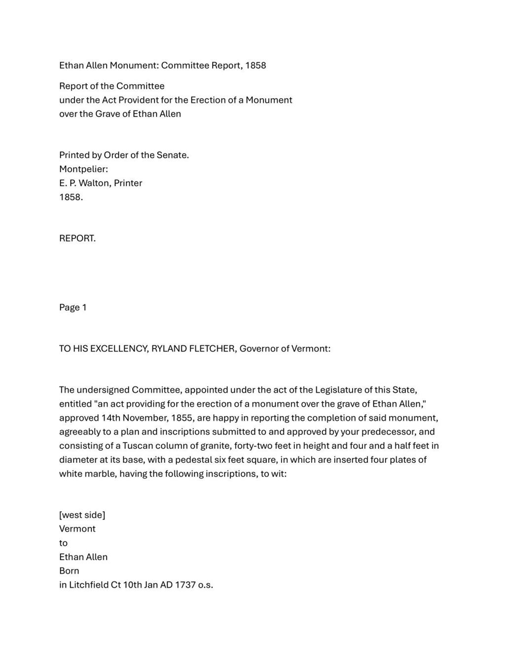 Miniature of Ethan Allen Monument: Committee Report, 1858
