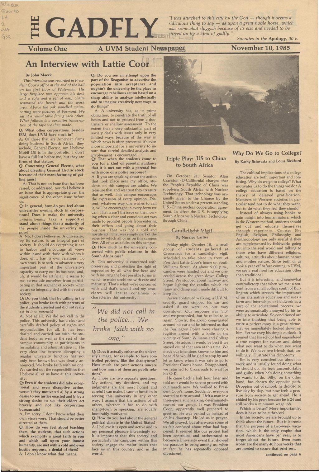 Miniature of The Gadfly : a UVM student newspaper, vol. 01, n. 01