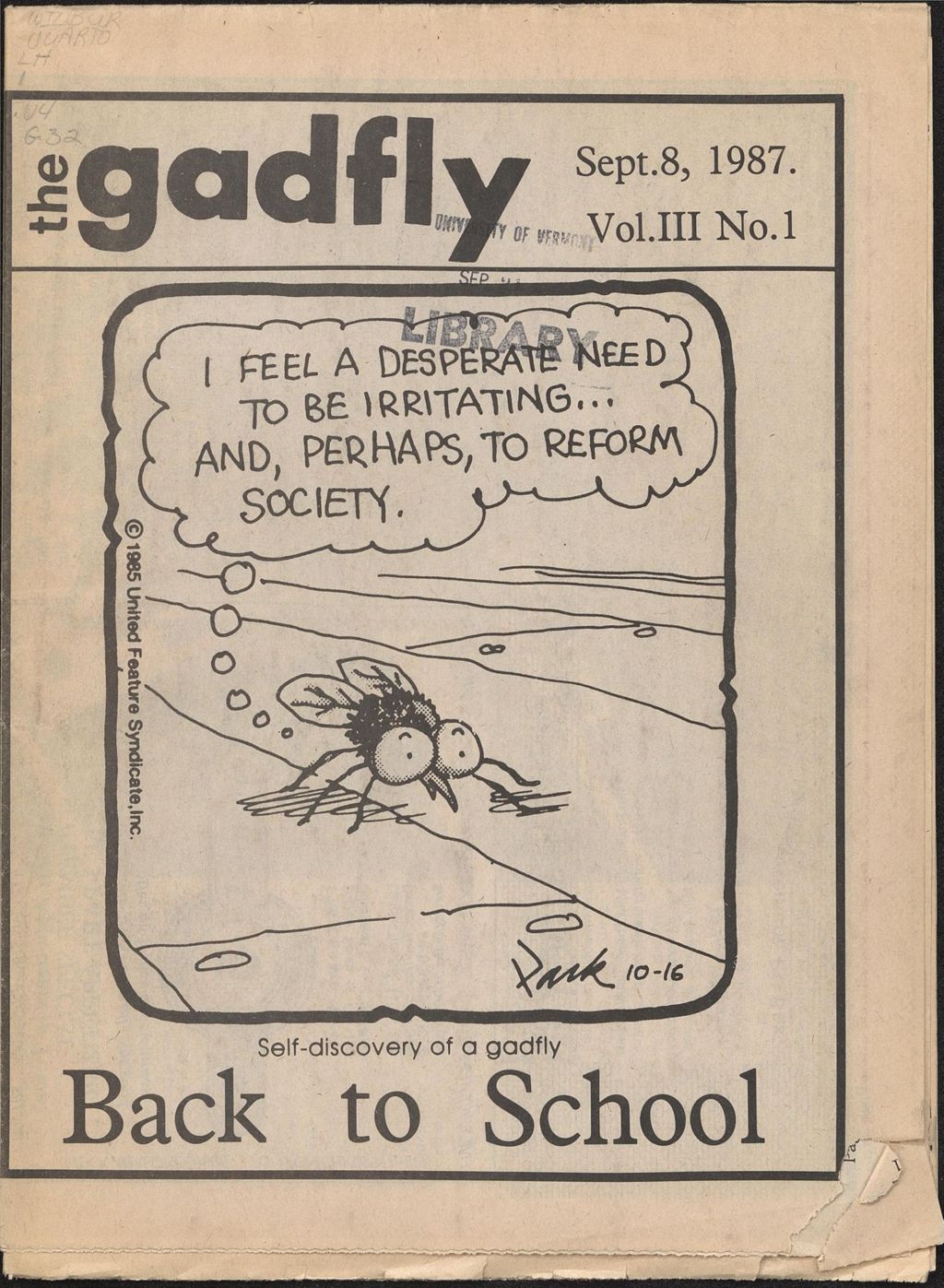 Miniature of The Gadfly : a UVM student newspaper, vol. 03, n. 01