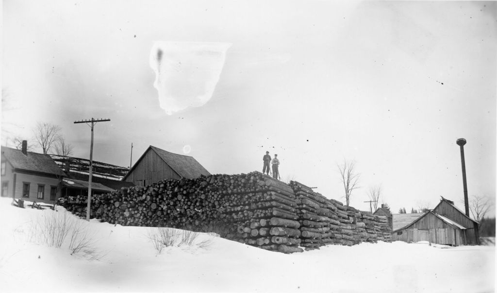 Miniature of Two men standing on one of several large log piles