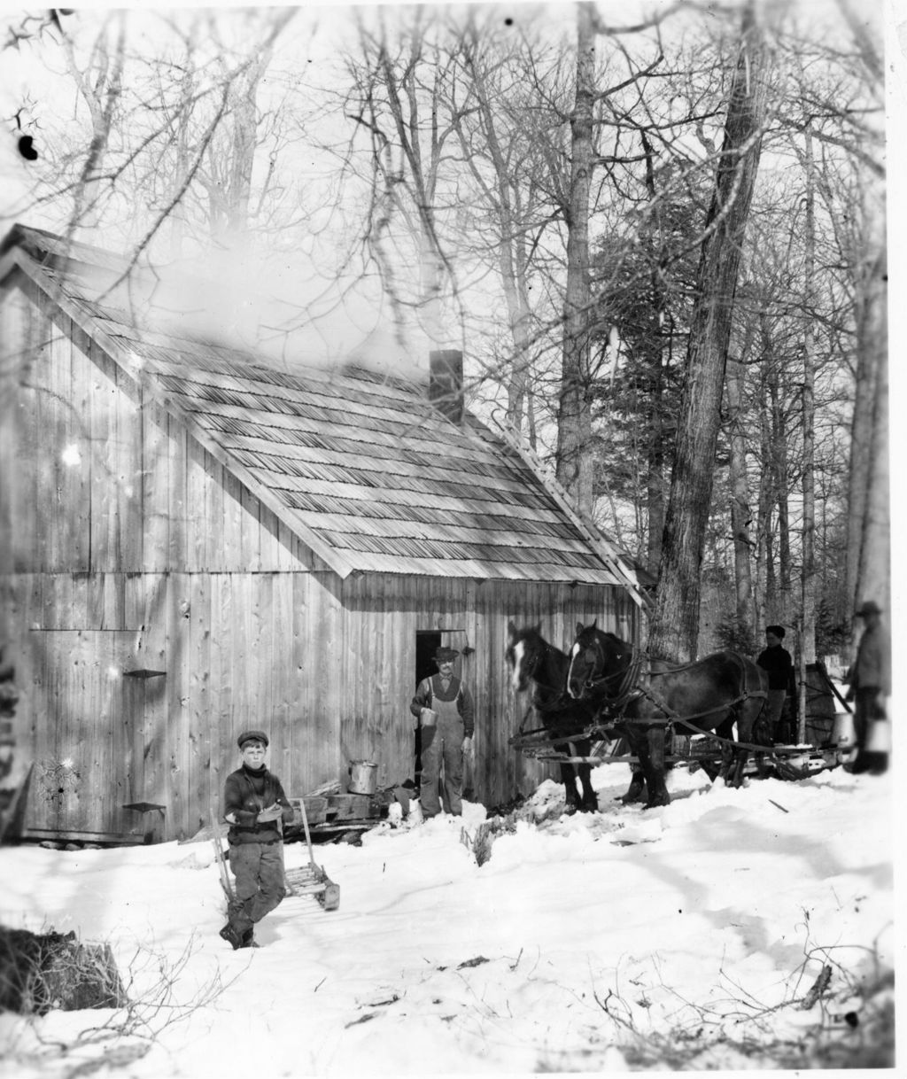 Miniature of Group with horses in front of a sugarhouse