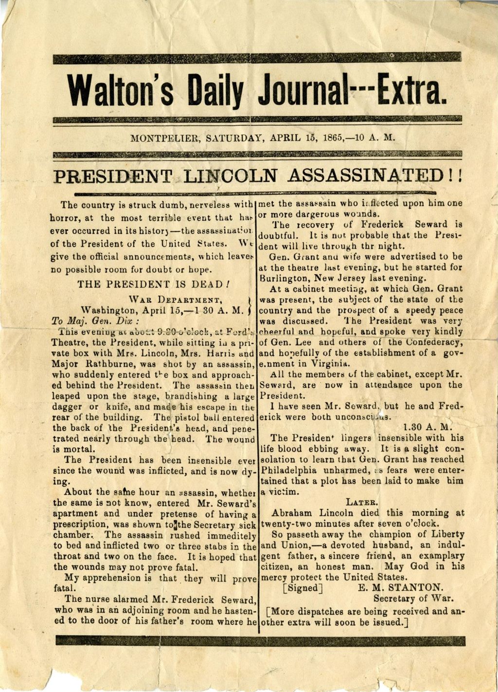 Miniature of Walton's Daily Journal ---Extra : President Lincoln assassinated!!