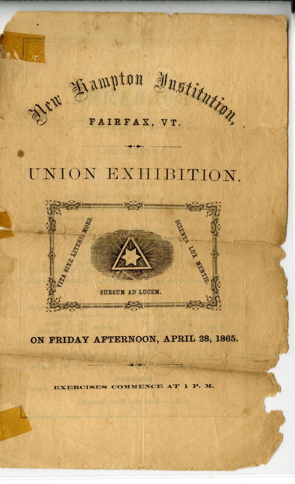 Miniature of Union exhibition on Friday afternoon, April 28th, 1865 : exercises commence at 1 P.M