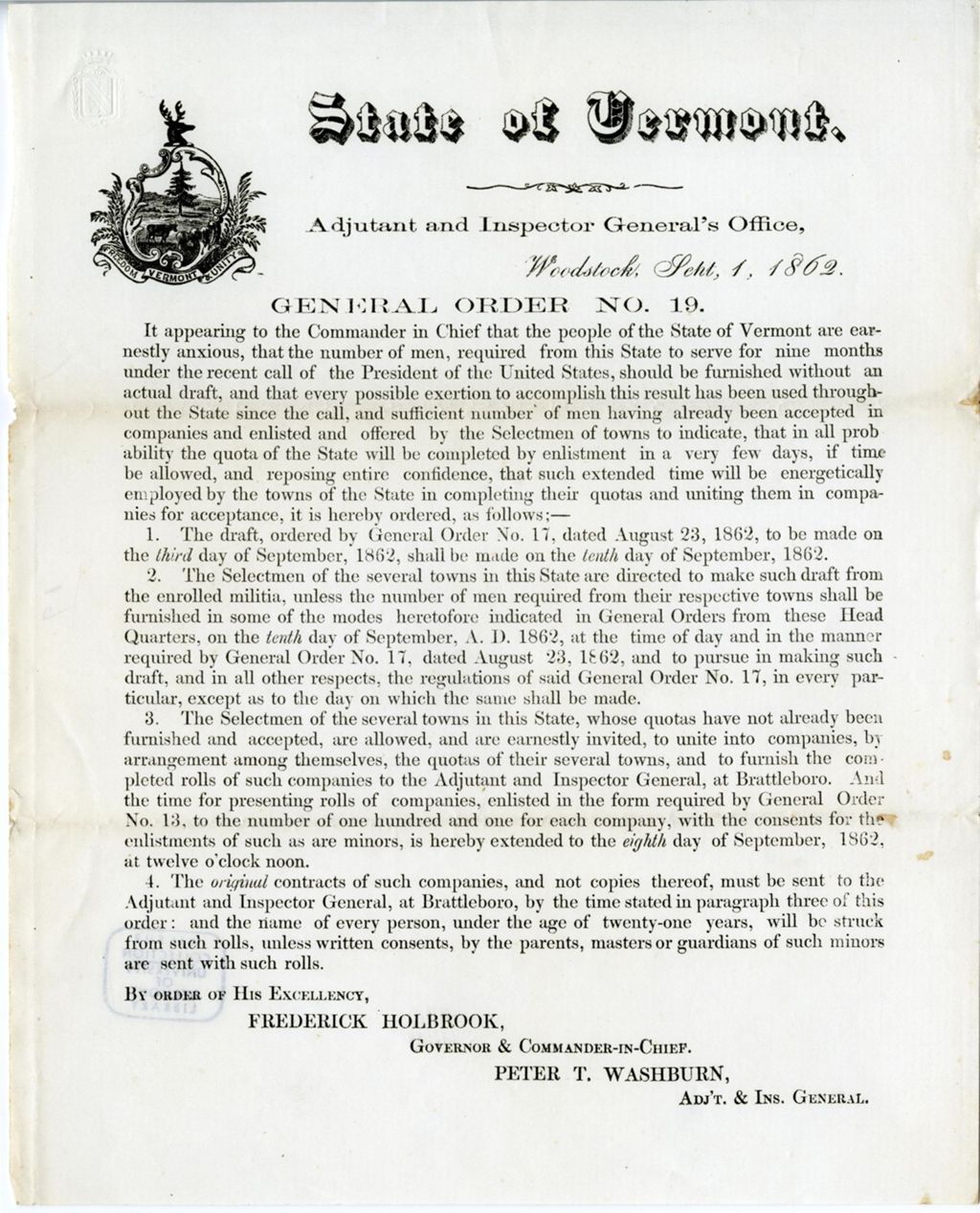 Miniature of General order no. 19 ... It appearing to the Commander in Chief that the people of the State of Vermont are earnestly anxious, that the number of men, required from this State to serve for nine months under the recent call