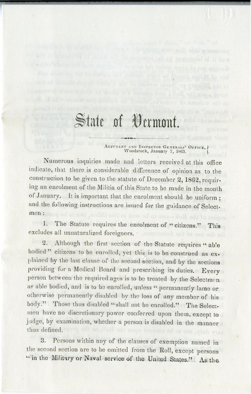 Miniature of Numerous inquiries made and letters received at this office indicate, that there is considerable difference of opinion as to the construction to be given to the statute of December 2, 1862, requiring an enrollment of the Militia of this State to be made