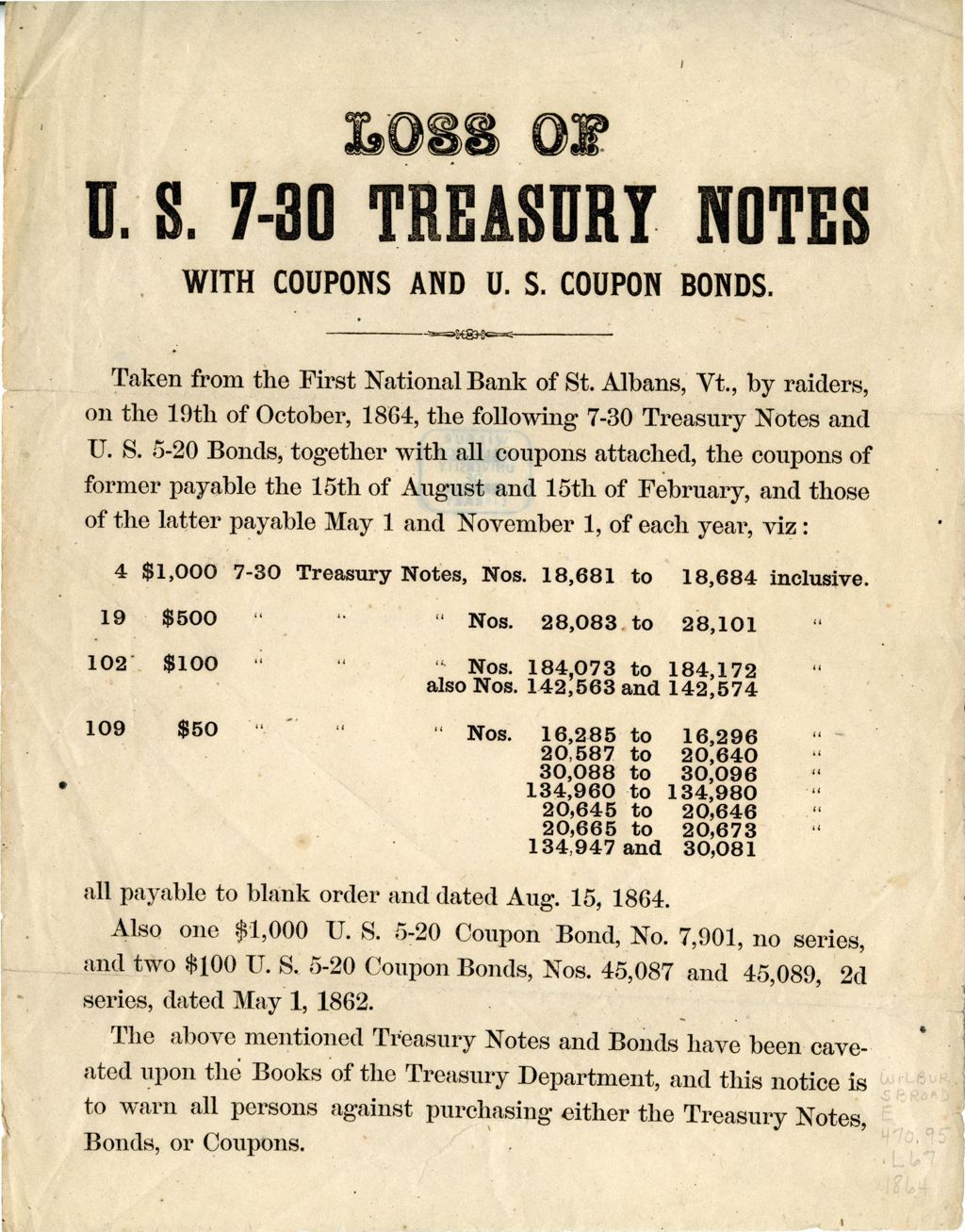 Miniature of Loss of U.S. 7-30 treasury notes with coupons and coupon bonds : taken from the first National Bank of St. Albans, Vt., by raiders on the 19th of October, 1864