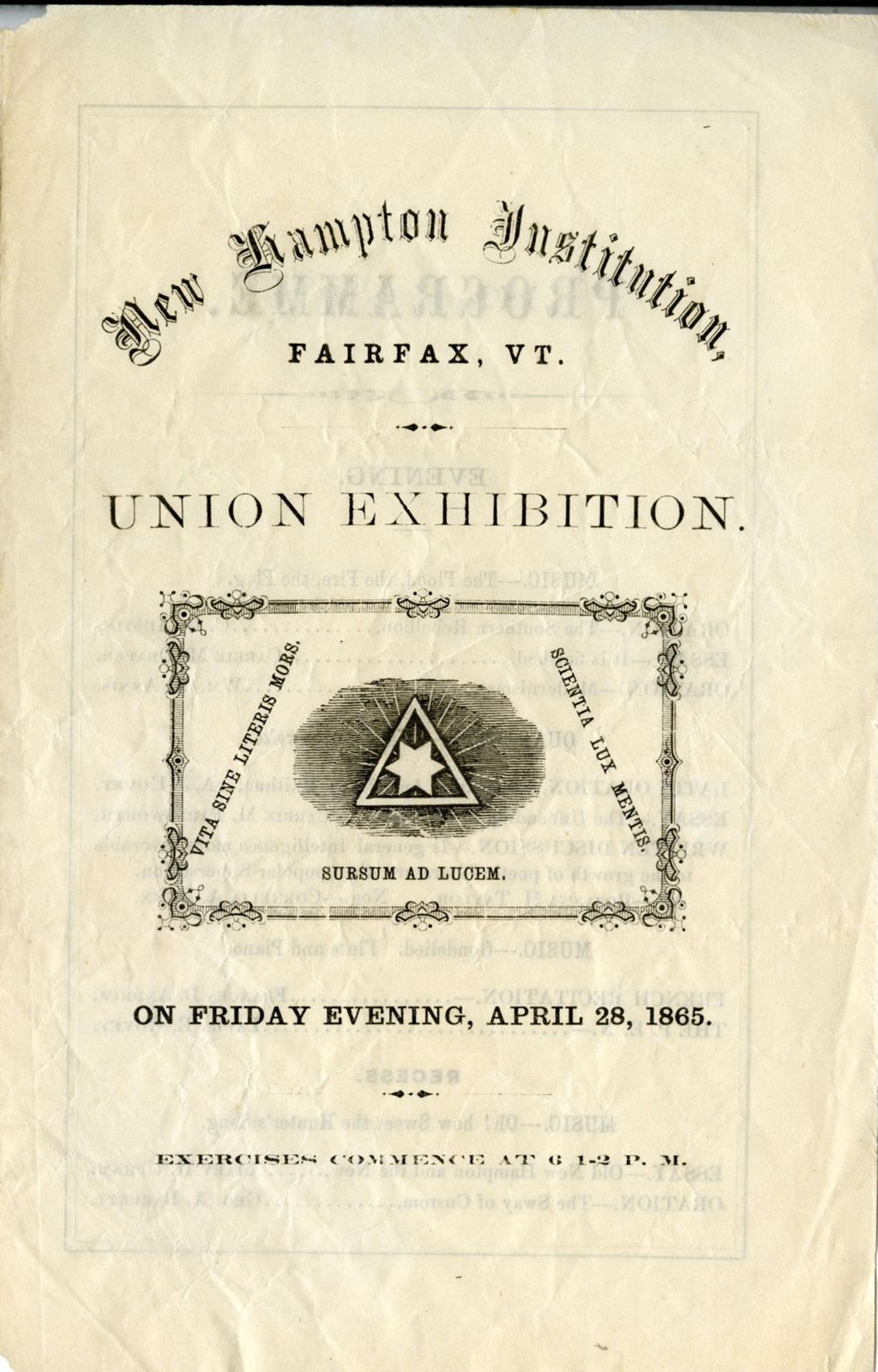 Miniature of Union exhibition on Friday evening, April 28th, 1865 : exercises commence at 6 1-2 P.M