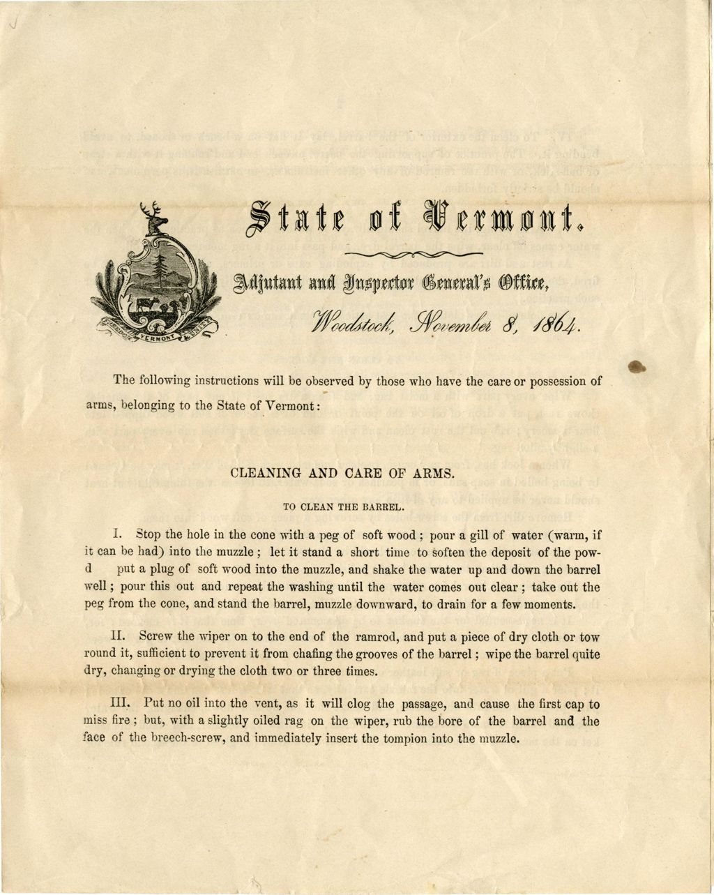 Miniature of The following instructions will be observed by those who have the care or possession of arms, belonging to the State of Vermont : cleaning and care of arms