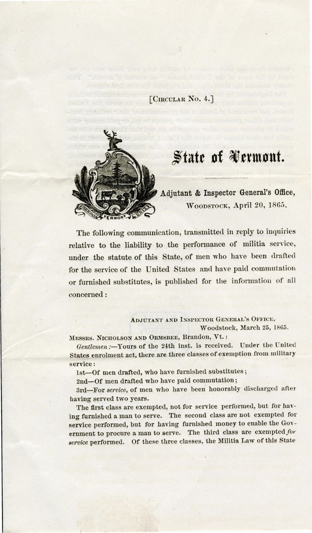 Miniature of The following communication, transmitted in reply to inquiries relative to the liability to the performance of militia service