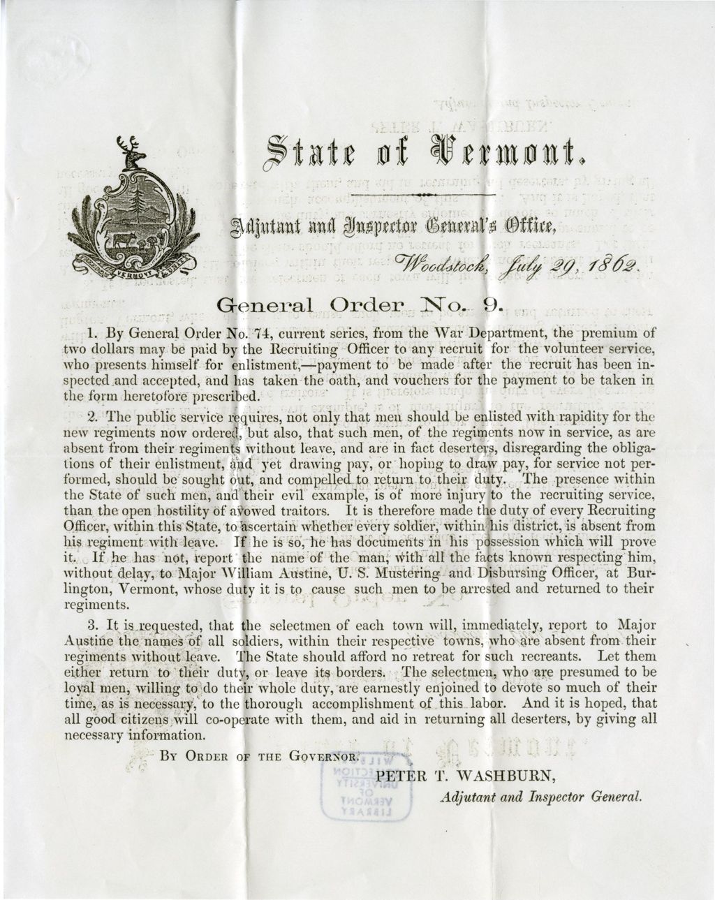 Miniature of General order no. 9 ... By General Order No. 74, current series, from the War Department, the premium of two dollars may be paid by the Recruiting Officer to any recruit for the volunteer services. who presents himself for enlistment, - payment to be made after the recruit