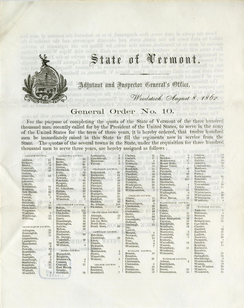 Miniature of General order no. 10 ... For the purpose of completing the quota of the state of Vermont of the three hundred thousand men recently call for by the President