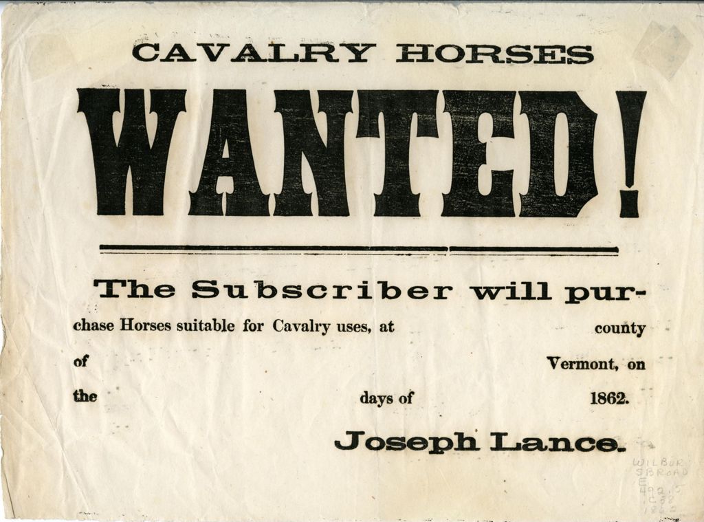 Miniature of Cavalry horses wanted! : the subscriber will purchase horses suitable for cavalry uses ... 1862 ... Joseph Lance