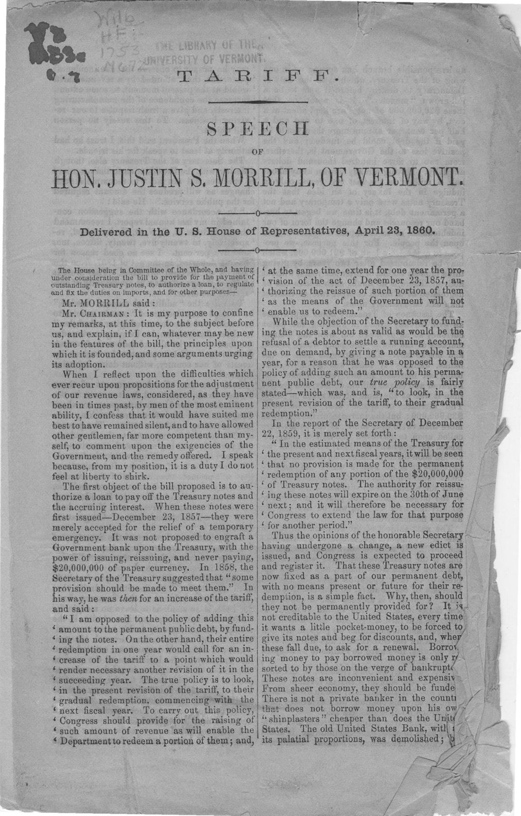 Miniature of Tariff : speech of Hon. Justin S. Morrill, of Vermont, delivered in the U.S. House of Representatives, April 23, 1860.