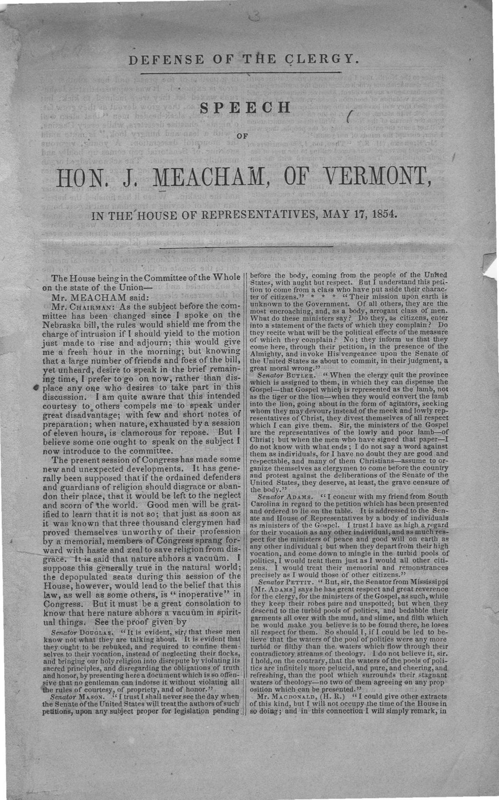 Miniature of Defense of the clergy : speech of Hon. James Meacham, of Vermont, in the House of Representatives, May 17, 1854.