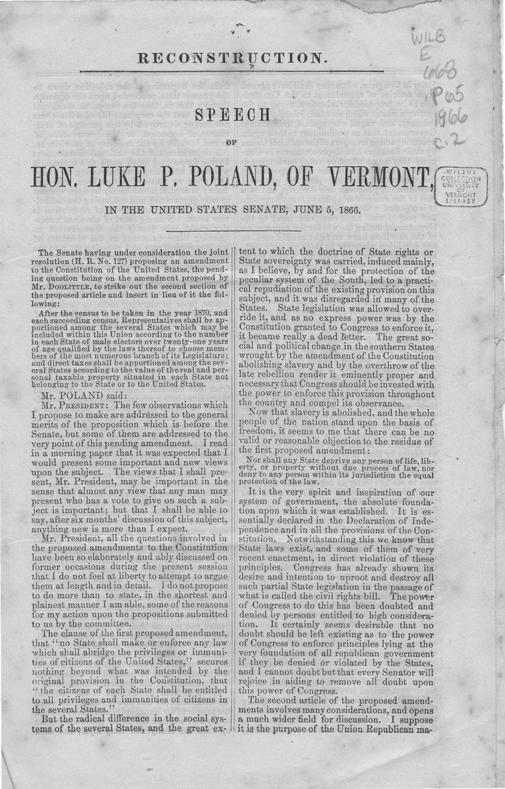 Miniature of Reconstruction : speech of Hon. Luke P. Poland, of Vermont, in the United States Senate, June 5, 1866.