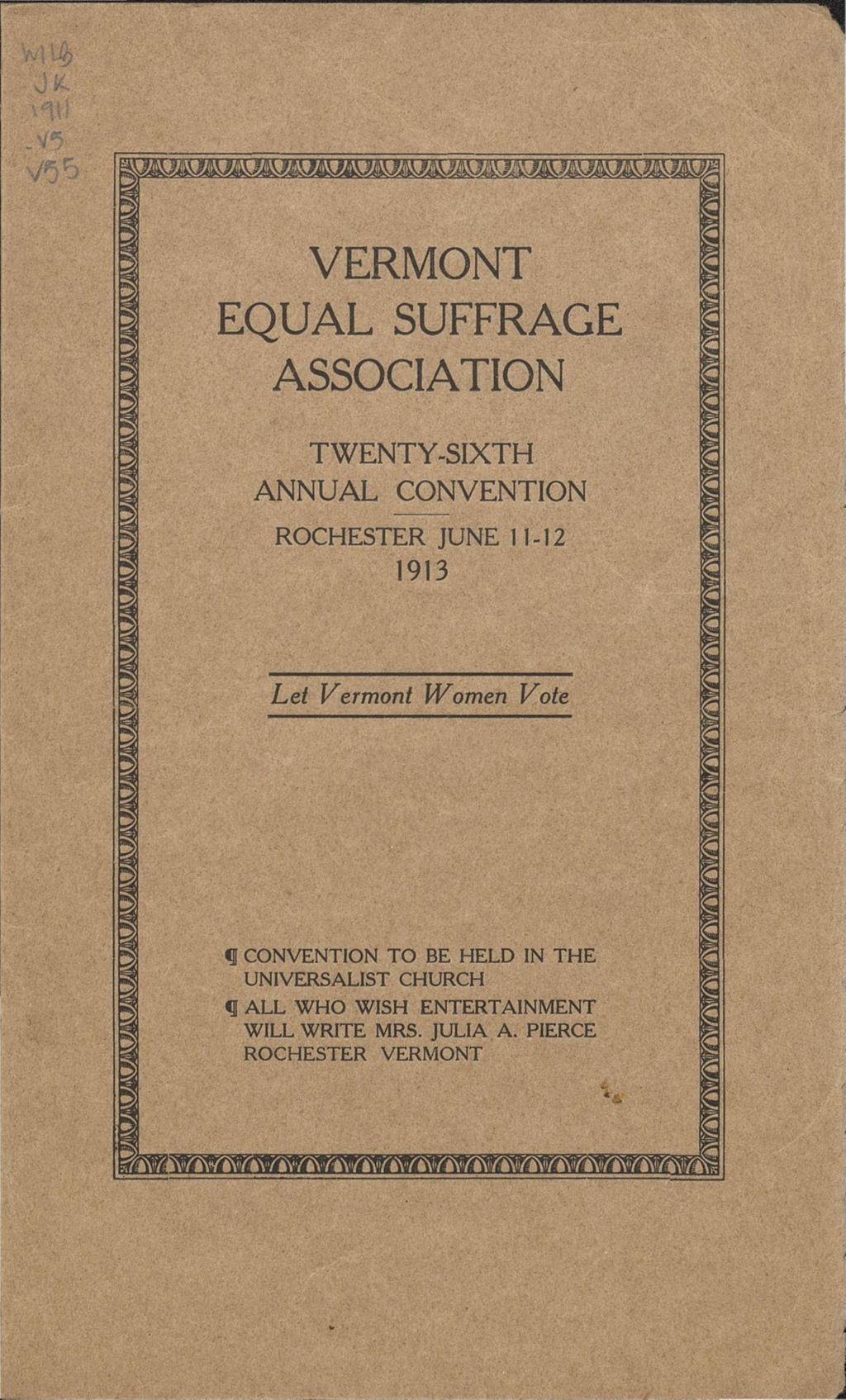 Miniature of Vermont Equal Suffrage Association. Twenty-Sixth Annual Convention. Rochester, June 11-12, 1913. Program.