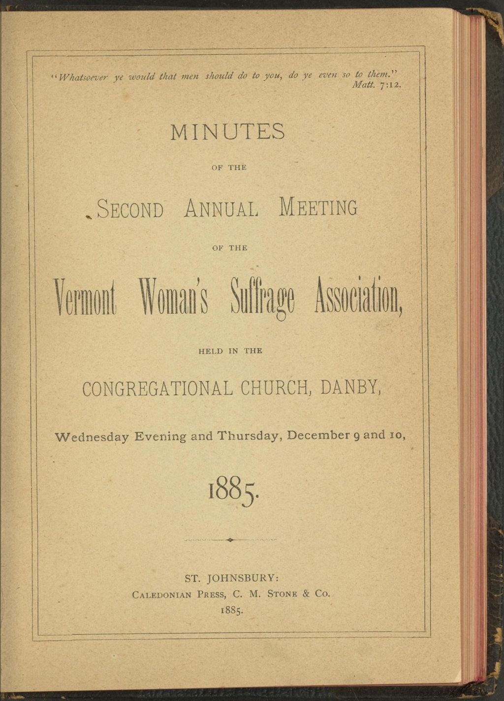 Miniature of Minutes of the Second Annual Meeting of the Vermont Woman's Suffrage Association, Held in the Congregational Church, Danby, Wednesday Evening and Thursday, Dec. 9 and 10, 1885.