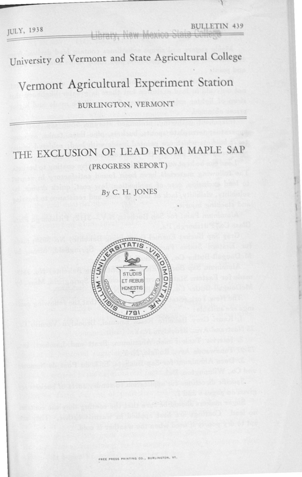 Miniature of The exclusion of lead from maple sap : progress report