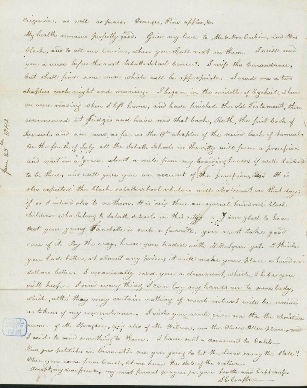 Miniature of Letter to Nathan and Mary Hill, June 25, 1842