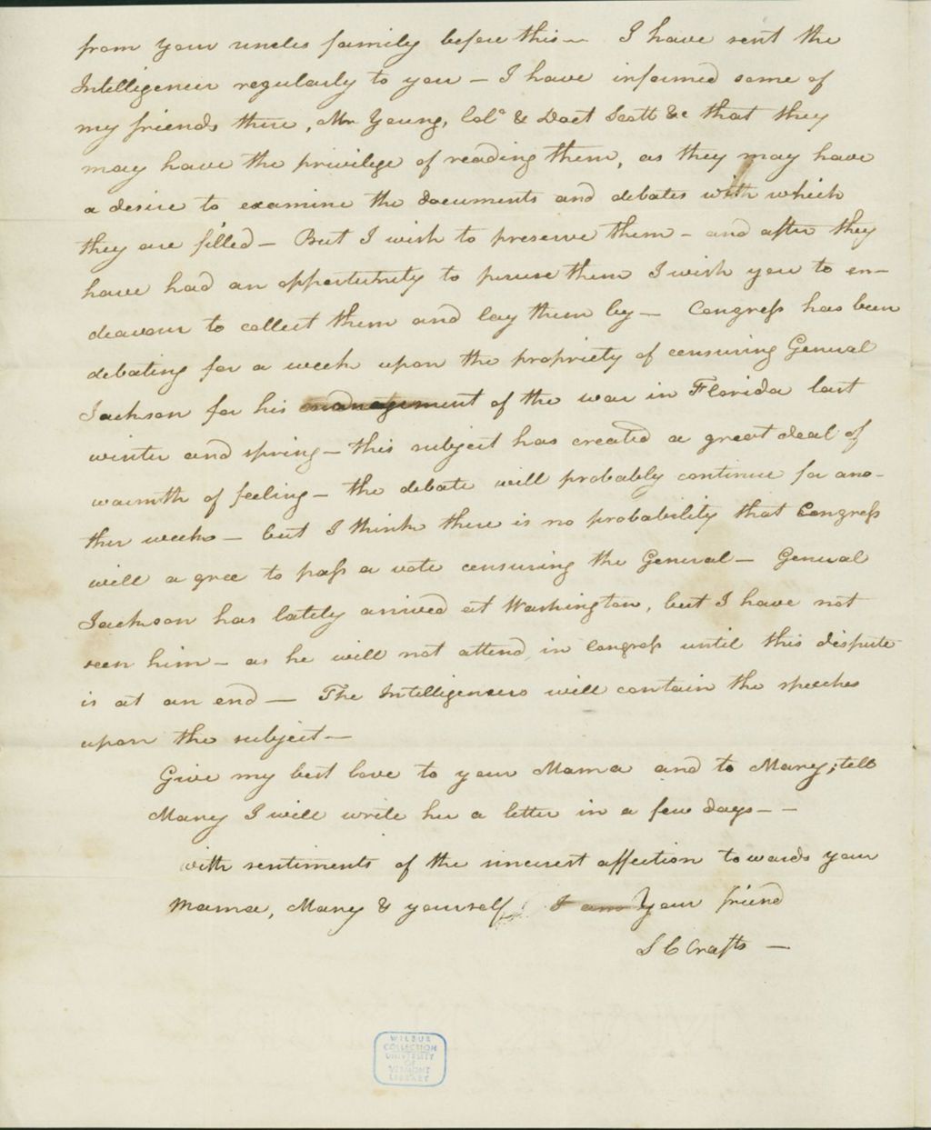 Miniature of Letter to Samuel P. Crafts, January 23, 1819