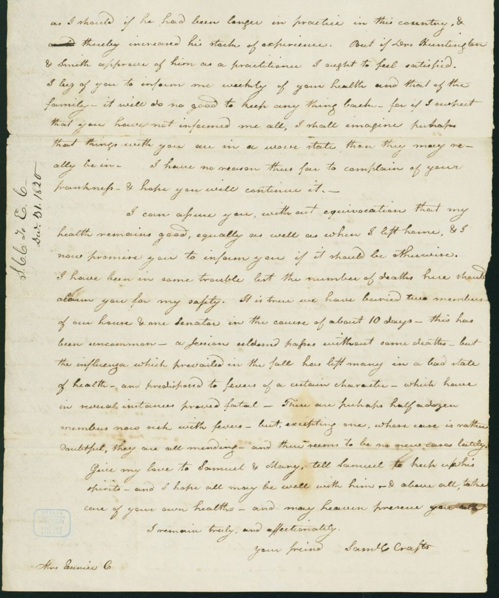 Miniature of Letter to Eunice Todd Crafts, December 31, 1820