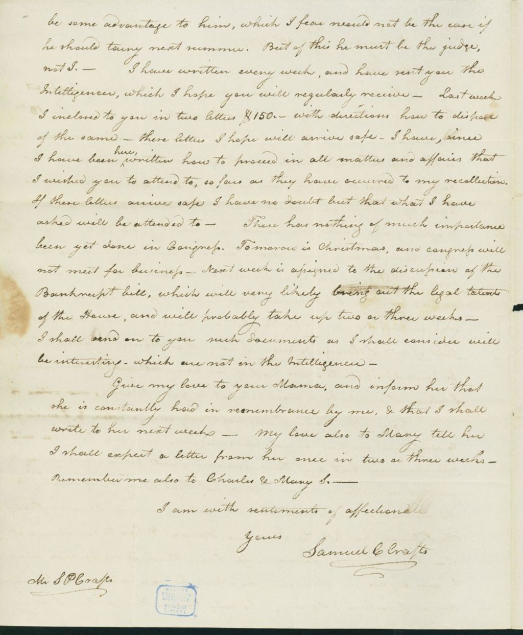 Miniature of Letter to Samuel P. Crafts, December 24, 1821