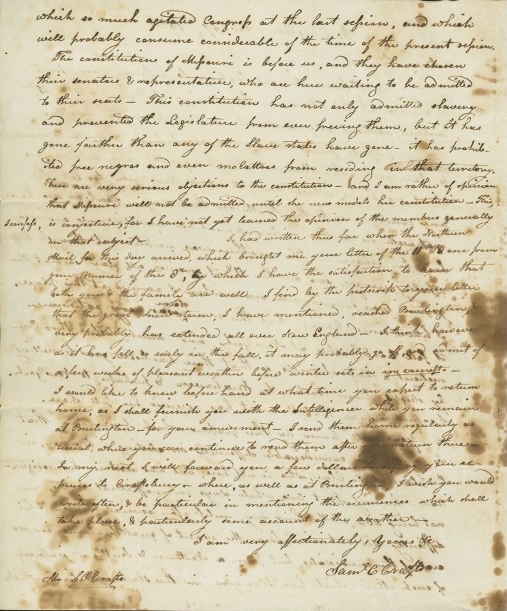 Miniature of Letter to Samuel P. Crafts, November 19, 1820