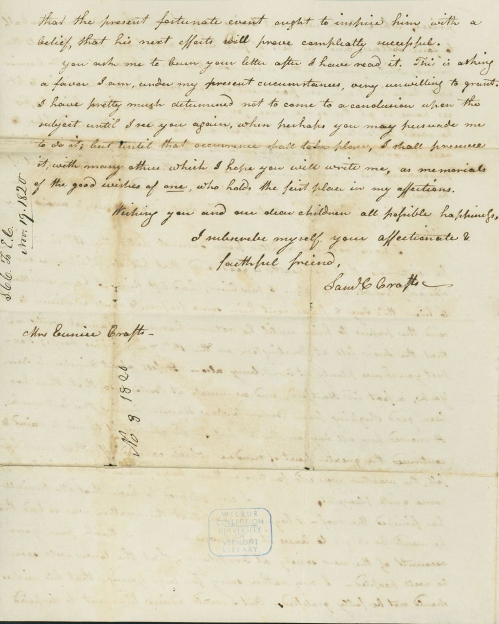 Miniature of Letter to Eunice Todd Crafts, November 19, 1820