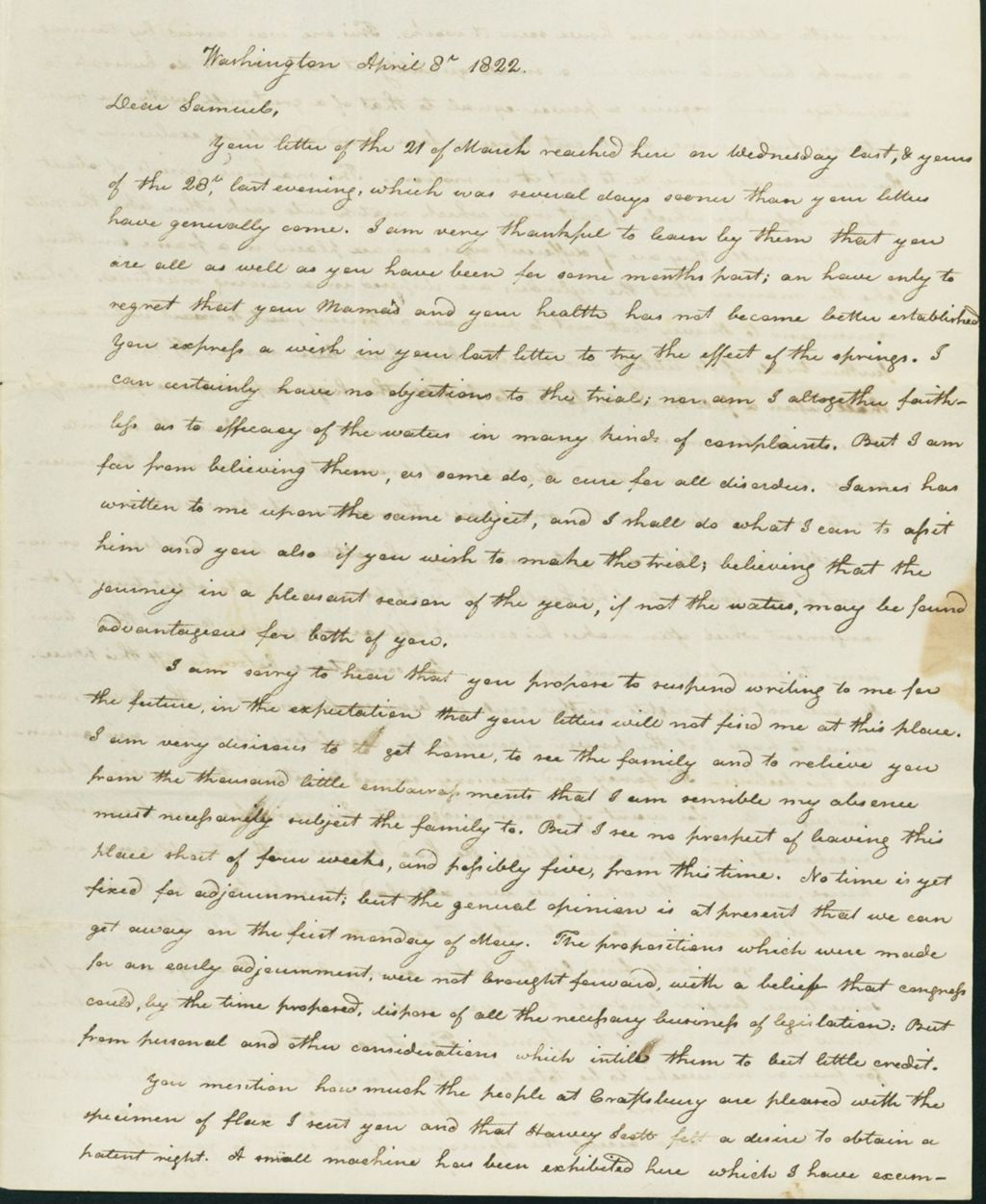 Miniature of Letter to Samuel P. Crafts, April 8, 1822