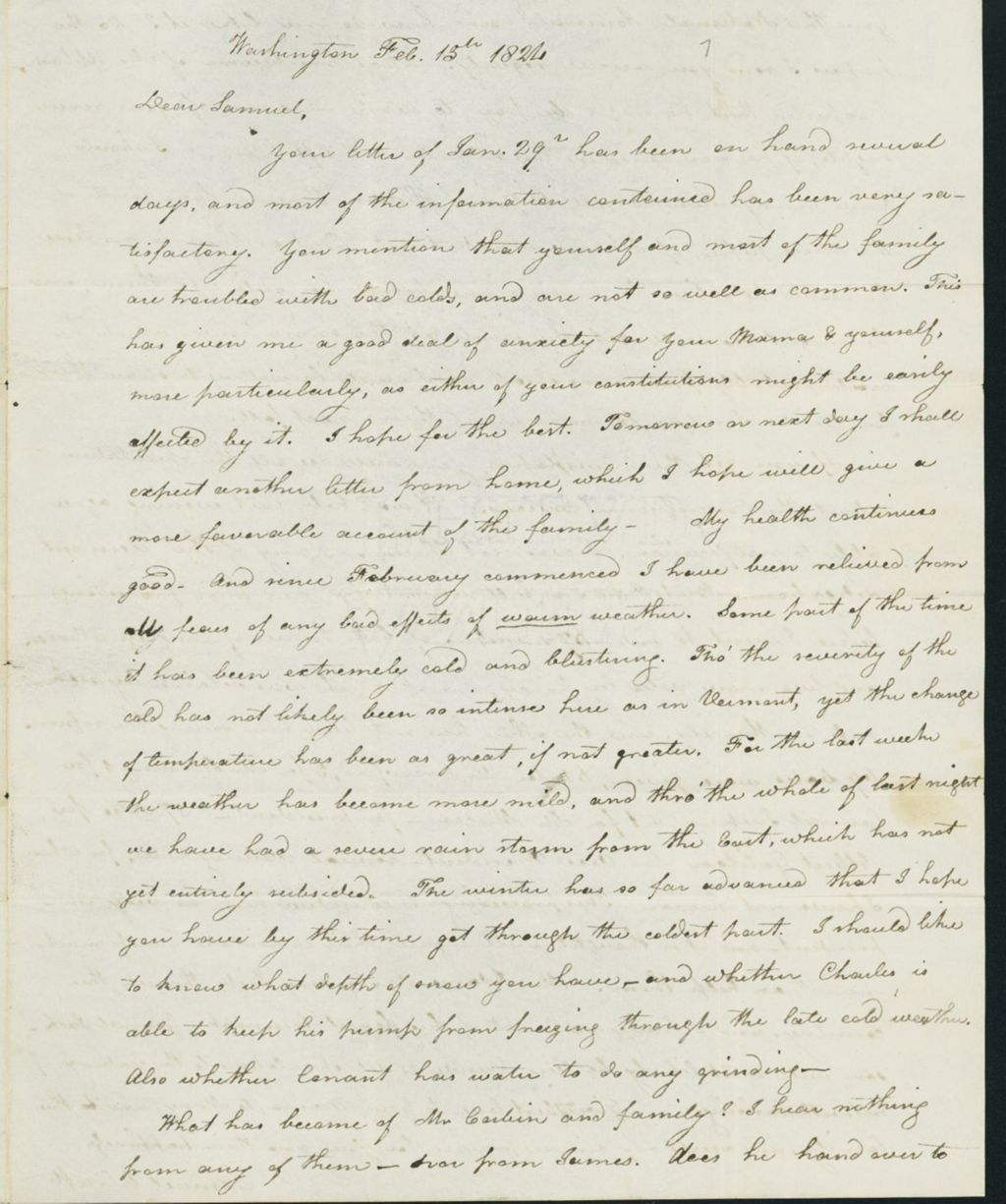 Miniature of Letter to Samuel P. Crafts, February 15, 1824