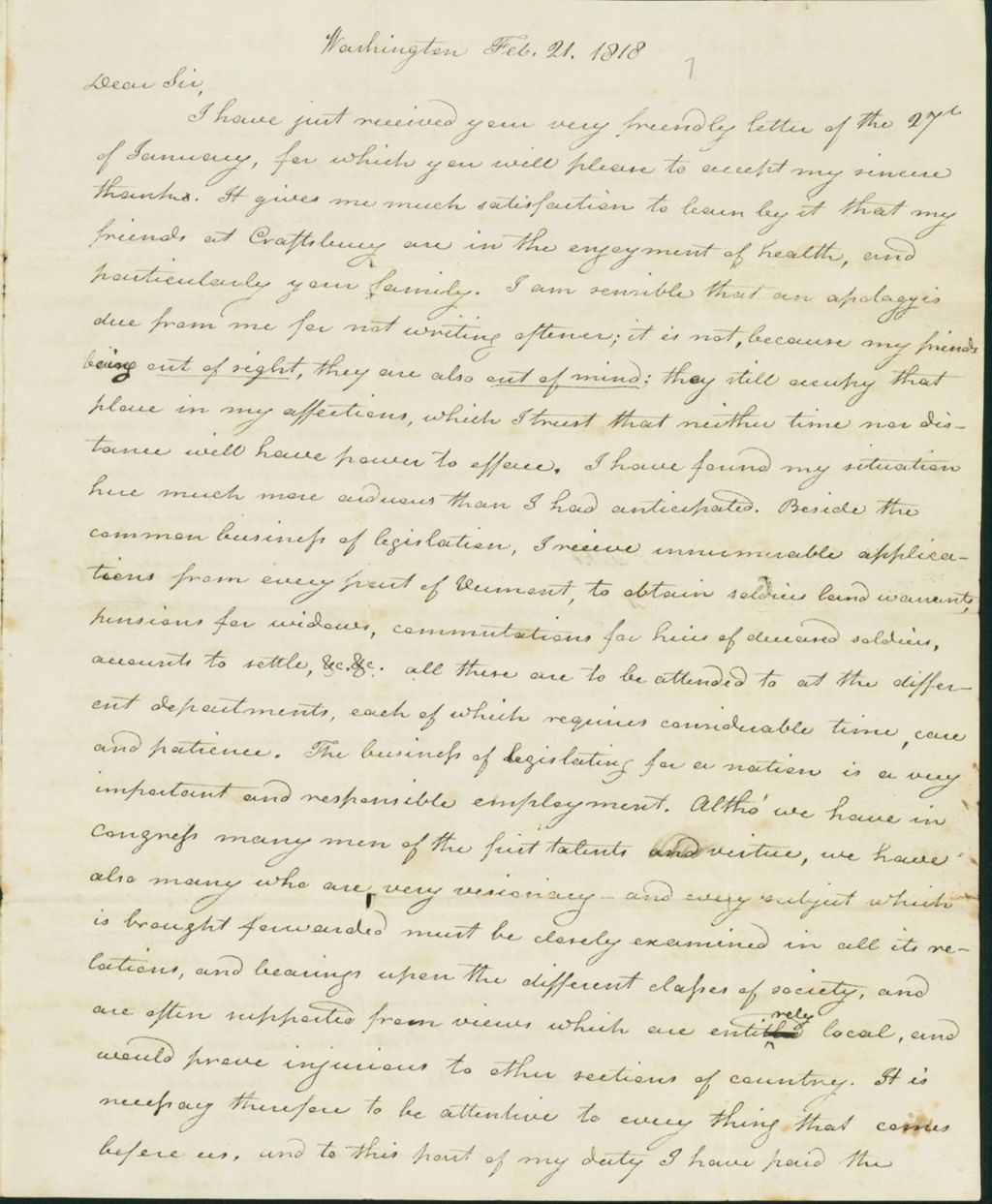 Miniature of Letter to Benjamin Clark, February 21, 1818