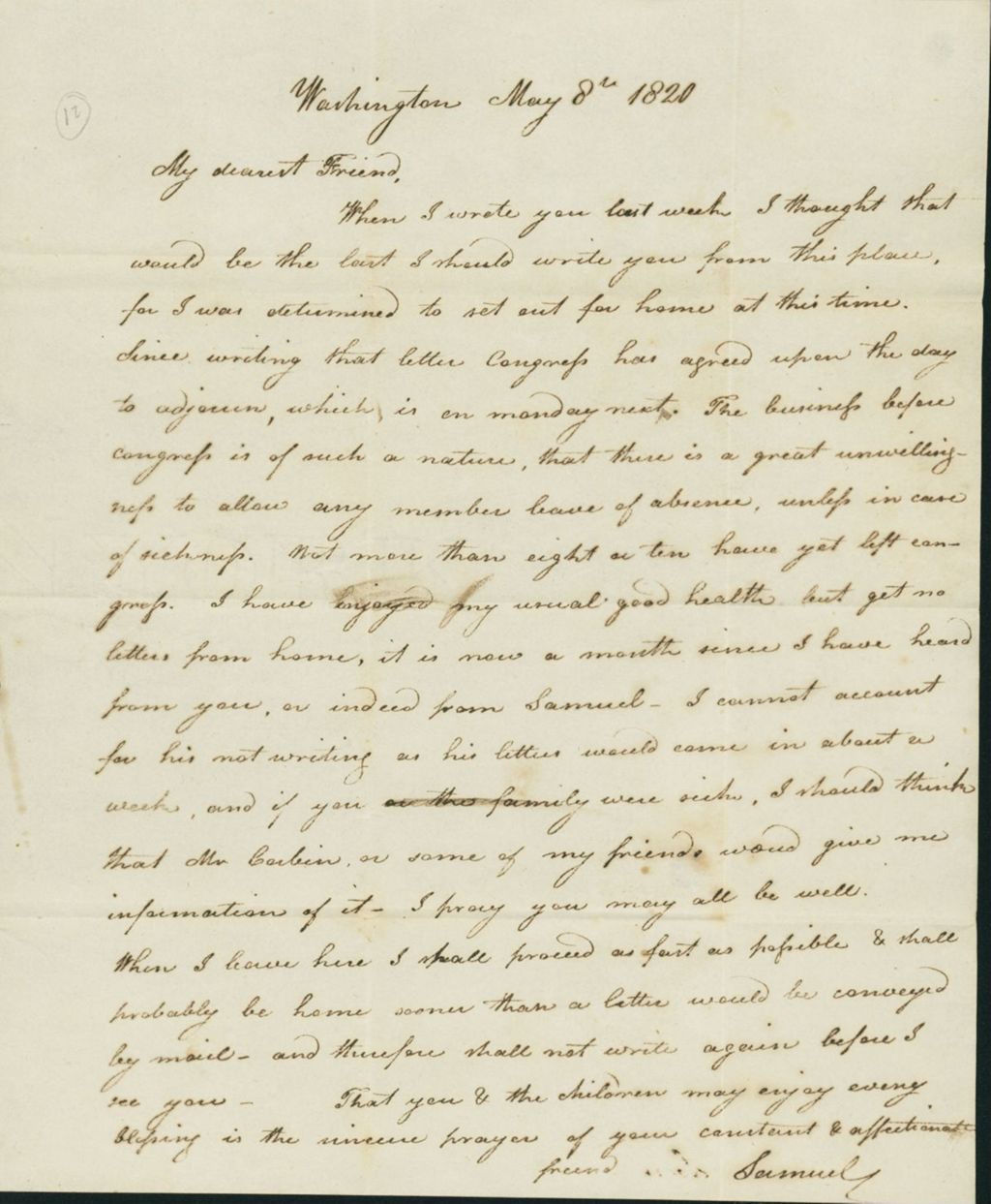 Miniature of Letter to Eunice Todd Crafts, May 8, 1820