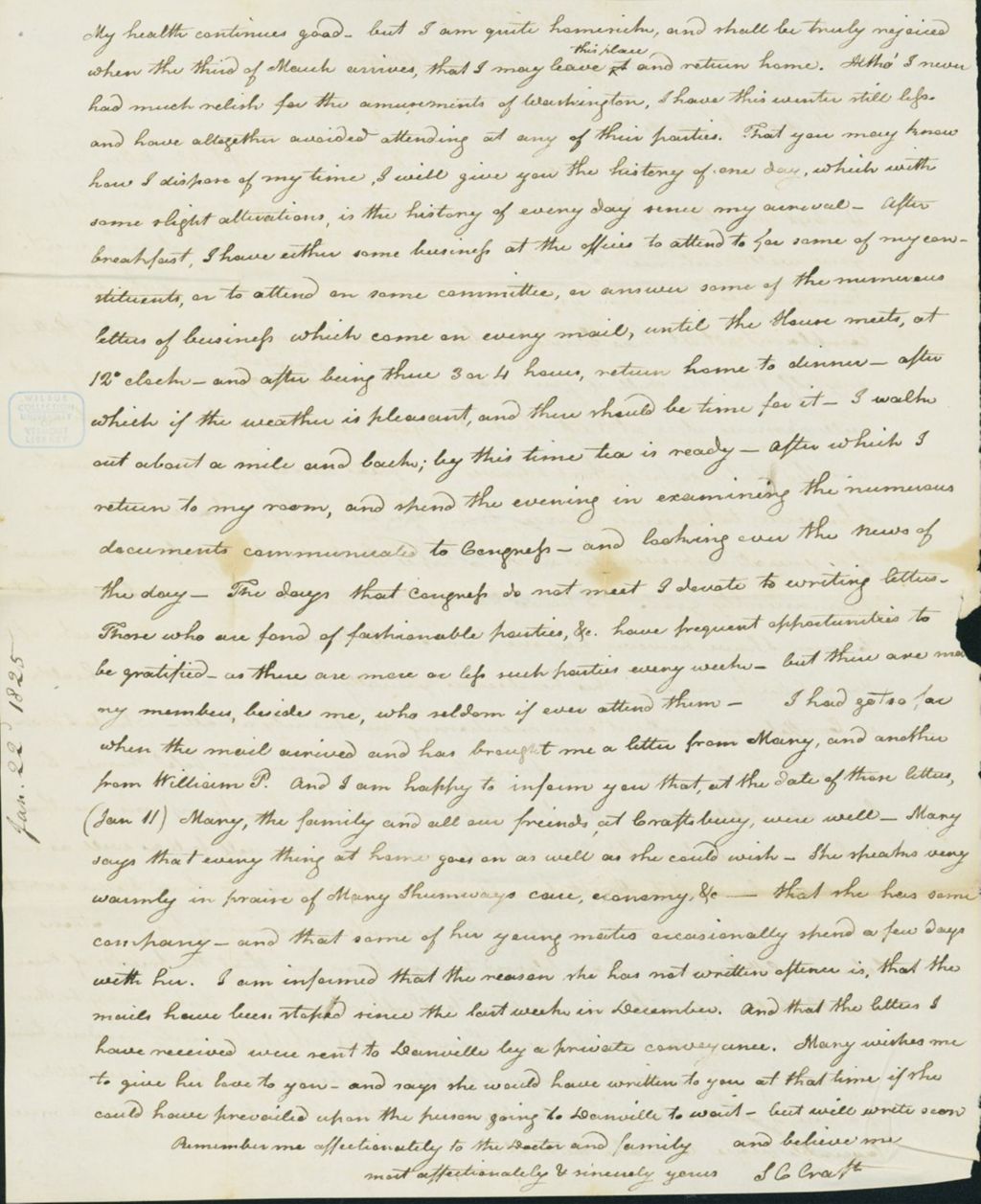 Miniature of Letter to Eunice Crafts, January 22, 1825