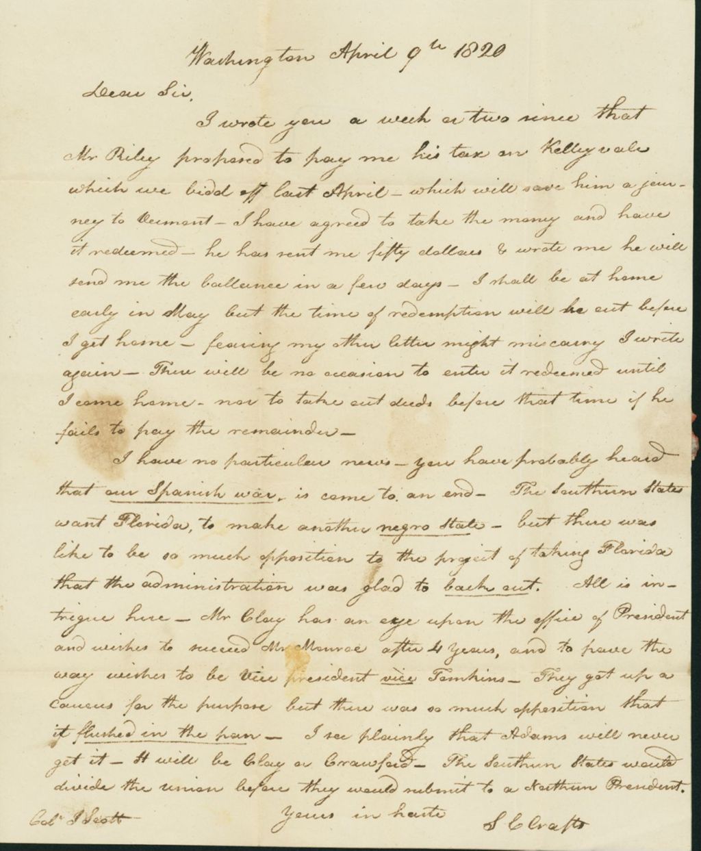 Miniature of Letter to Col. Joseph Scott, April 9, 1820