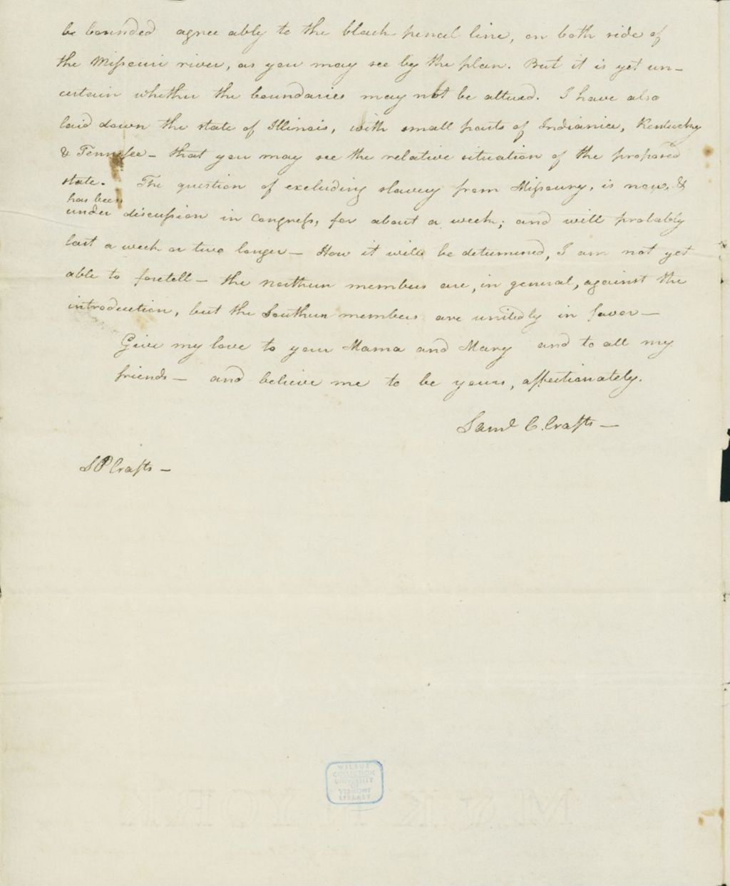 Miniature of Letter to Samuel P. Crafts, February 2, 1820