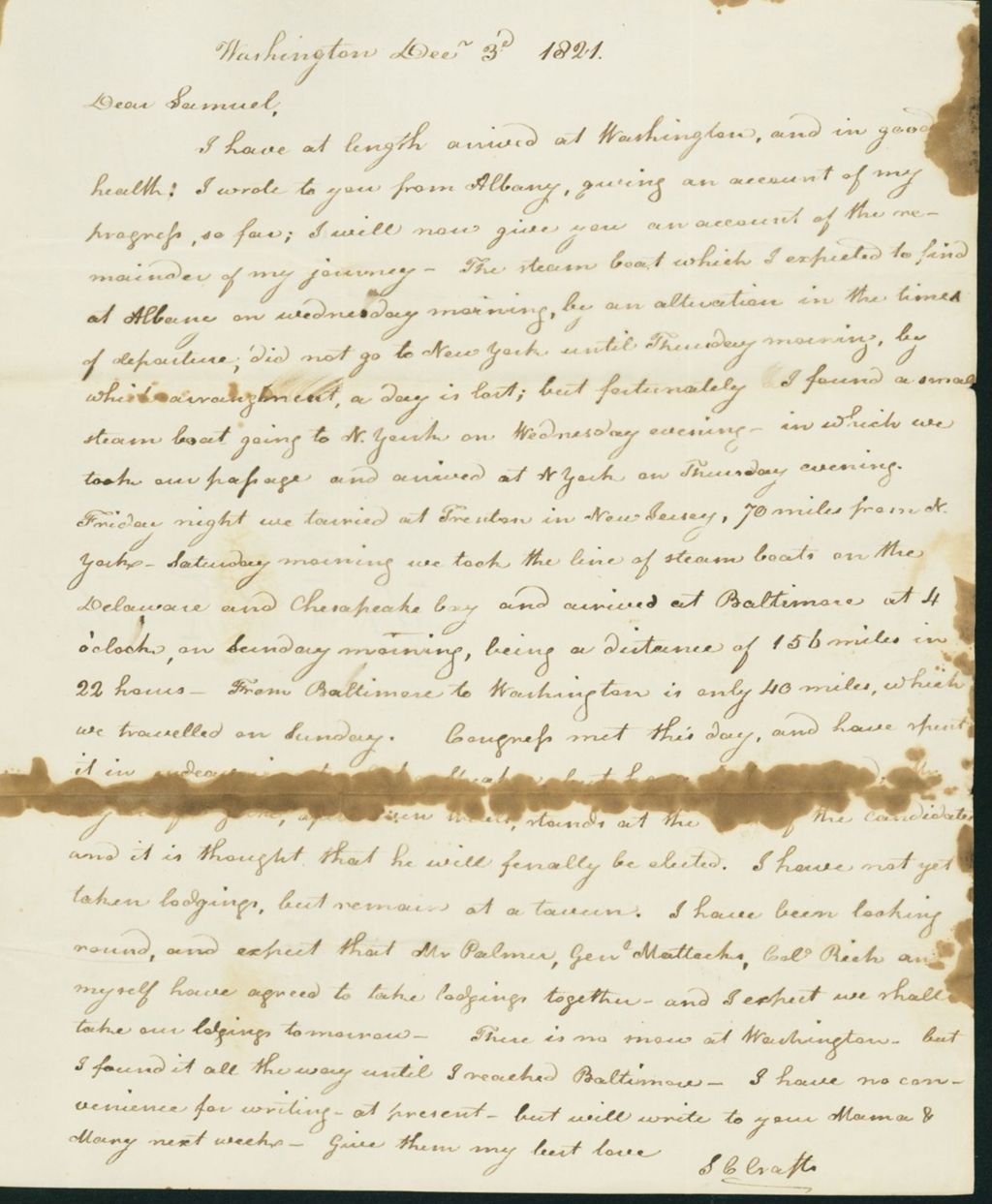 Miniature of Letter to Samuel P. Crafts, December 3, 1821