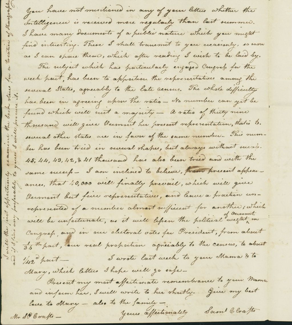 Miniature of Letter to Samuel P. Crafts, February 3, 1822